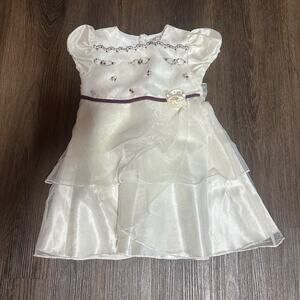 George Toddler Party Dress 4T White Burgundy Flower Girl Easter Ruffled Satin
